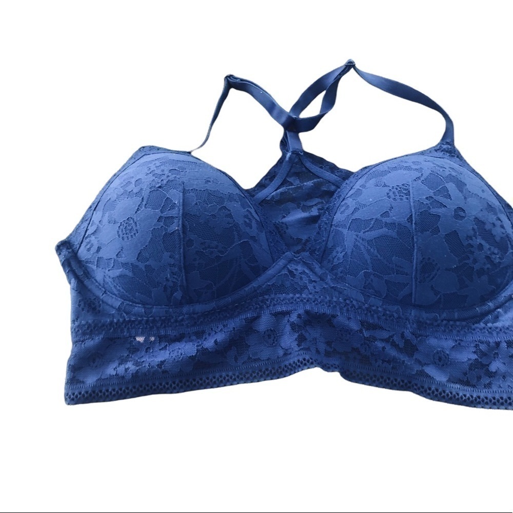 Victoria’s Secret Lace Bralette No Wire Padded Strappy Back Royal Blue L